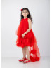 Red Pom Pom Tulle High Low Flower Girl Dress